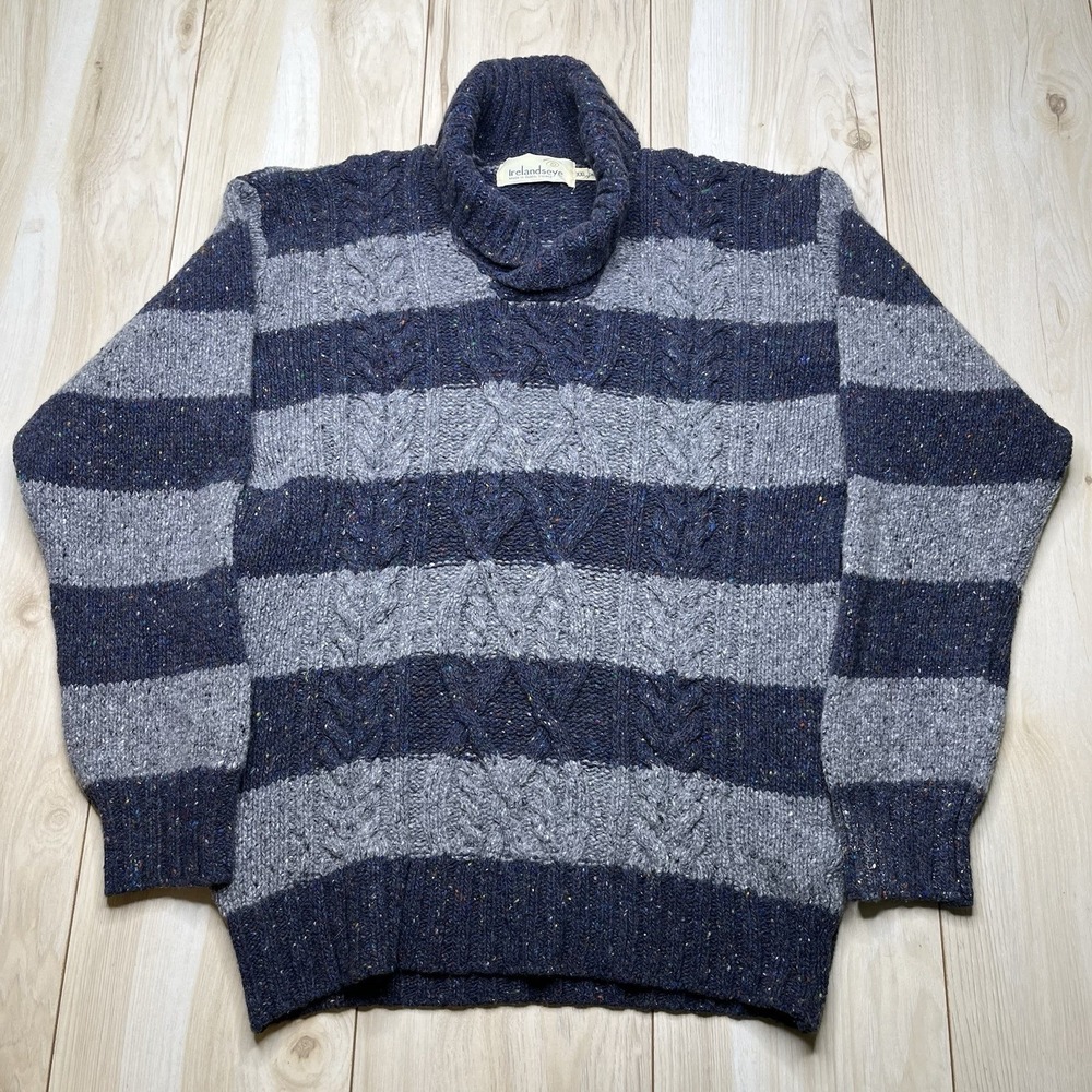 Irelands Eye Wool Cashmere Cable Knit Sweater Women 2XL Shawl Collar Gray Blue